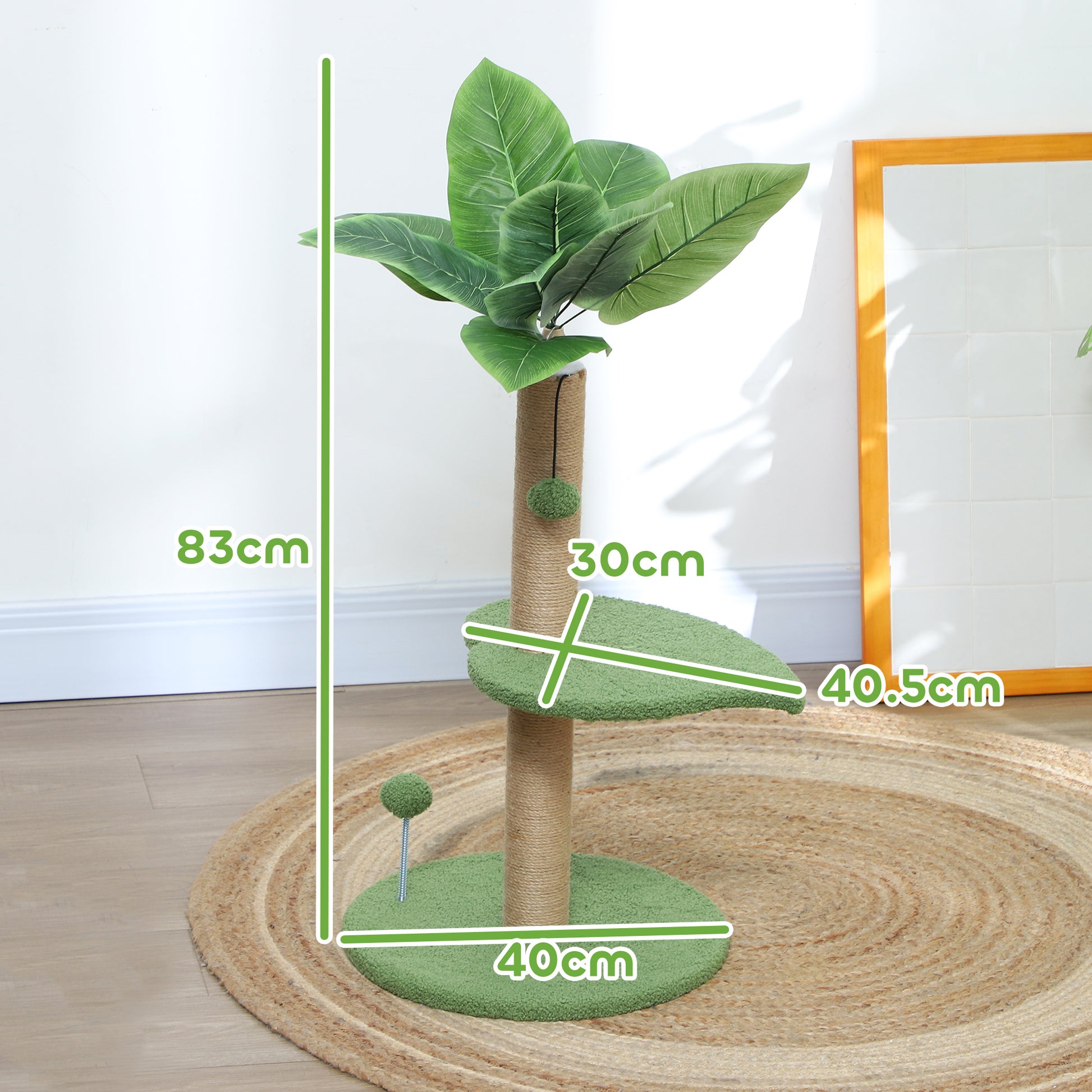 Cat Tree with Scratching Post, Platforms and Toy Balls, Plush and Chipboard Cat Tower, Ø40x83 cm, Green