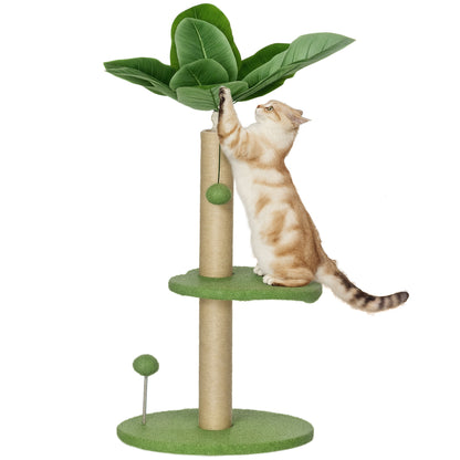 Cat Tree with Scratching Post, Platforms and Toy Balls, Plush and Chipboard Cat Tower, Ø40x83 cm, Green