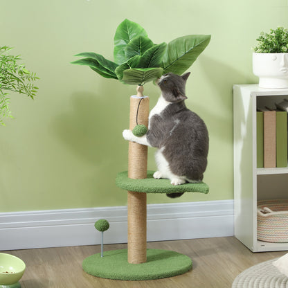 Cat Tree with Scratching Post, Platforms and Toy Balls, Plush and Chipboard Cat Tower, Ø40x83 cm, Green