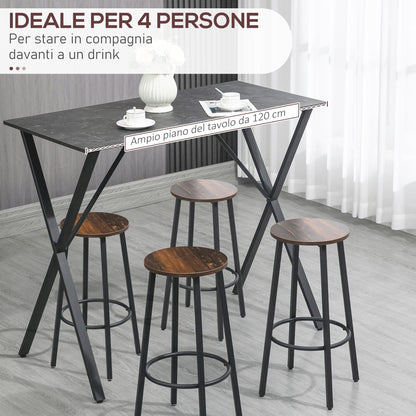 Modern Industrial Style Bar Counter, High Kitchen Table with Marble Effect Wood and Steel, 120 x 60 x 102 cm, Black