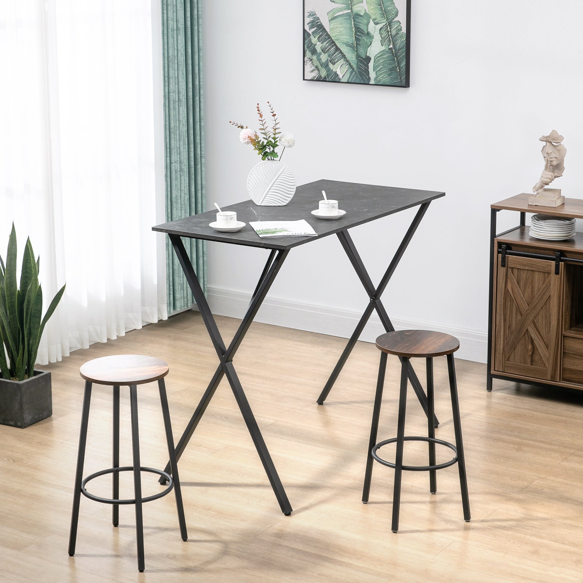 Modern Industrial Style Bar Counter, High Kitchen Table with Marble Effect Wood and Steel, 120 x 60 x 102 cm, Black