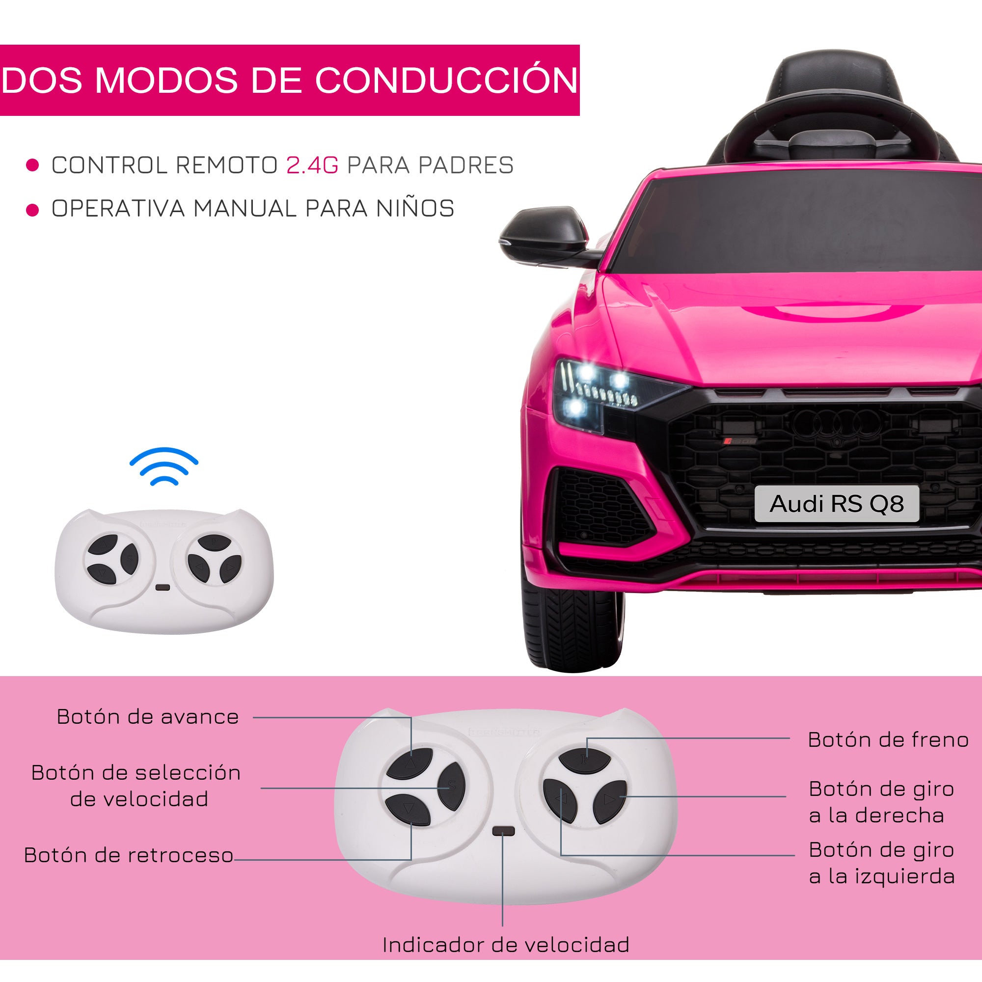 Kids Electric Car +3 Years Audi RS Q8 Licensed 6V Battery 2 Motors Remote Control MP3 Music Horn Lights Max Speed 3km/h 101x62x51 cm Pink