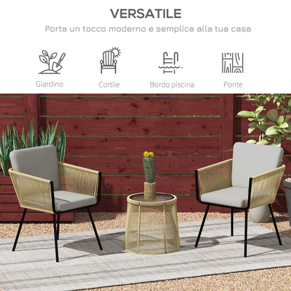 3-Piece PE Rattan and Steel Garden Set, Set of 2 Chairs with Washable Cushions, Armrests, Coffee Table with Glass Top, Balcony Patio Courtyard Furniture Set, Coffee/Light Gray