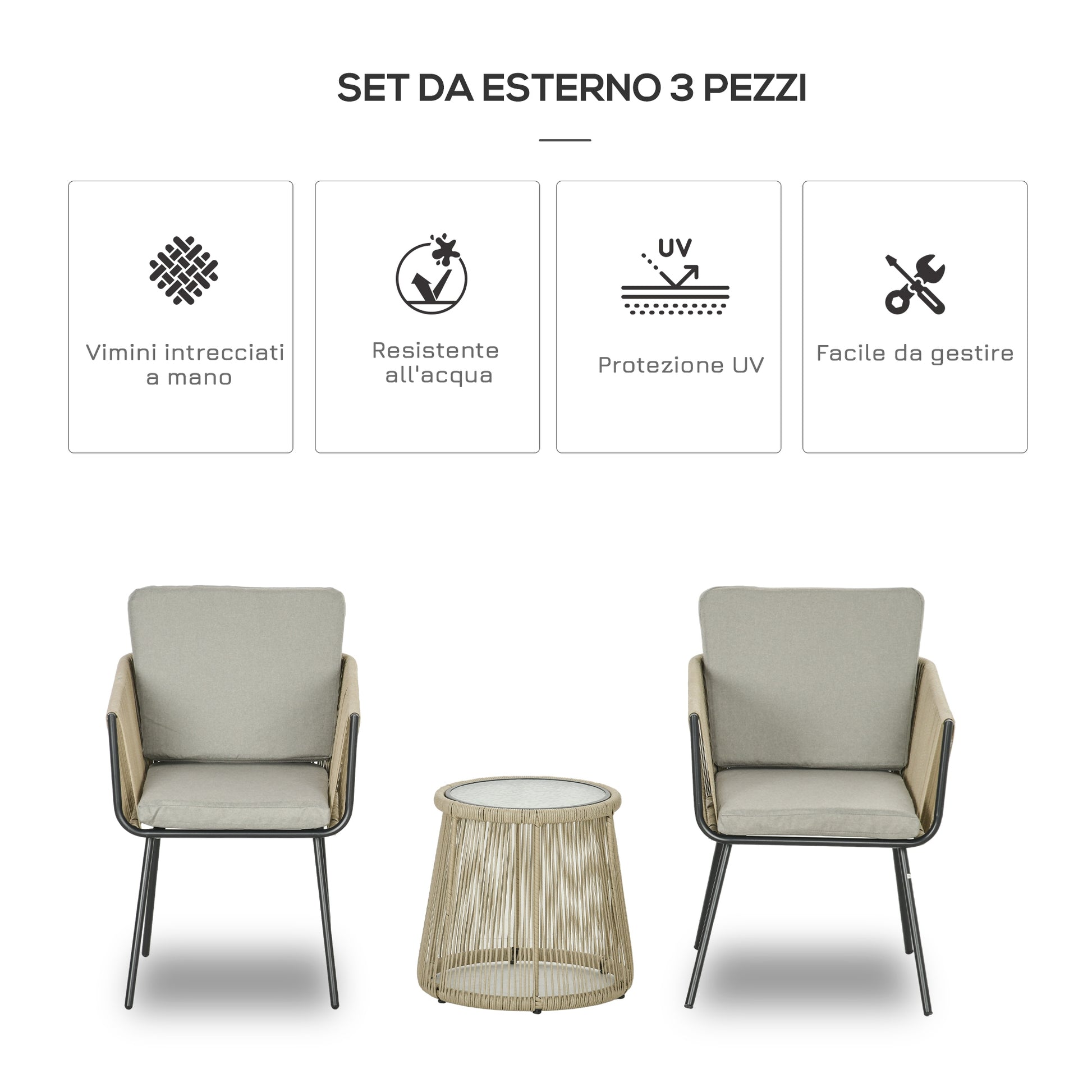 3-Piece PE Rattan and Steel Garden Set, Set of 2 Chairs with Washable Cushions, Armrests, Coffee Table with Glass Top, Balcony Patio Courtyard Furniture Set, Coffee/Light Gray