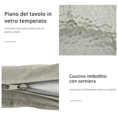 3-Piece PE Rattan and Steel Garden Set, Set of 2 Chairs with Washable Cushions, Armrests, Coffee Table with Glass Top, Balcony Patio Courtyard Furniture Set, Coffee/Light Gray