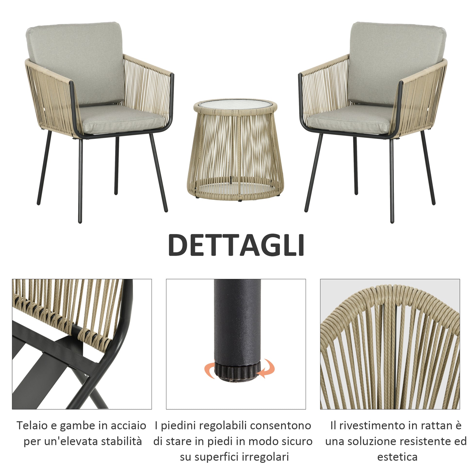 3-Piece PE Rattan and Steel Garden Set, Set of 2 Chairs with Washable Cushions, Armrests, Coffee Table with Glass Top, Balcony Patio Courtyard Furniture Set, Coffee/Light Gray
