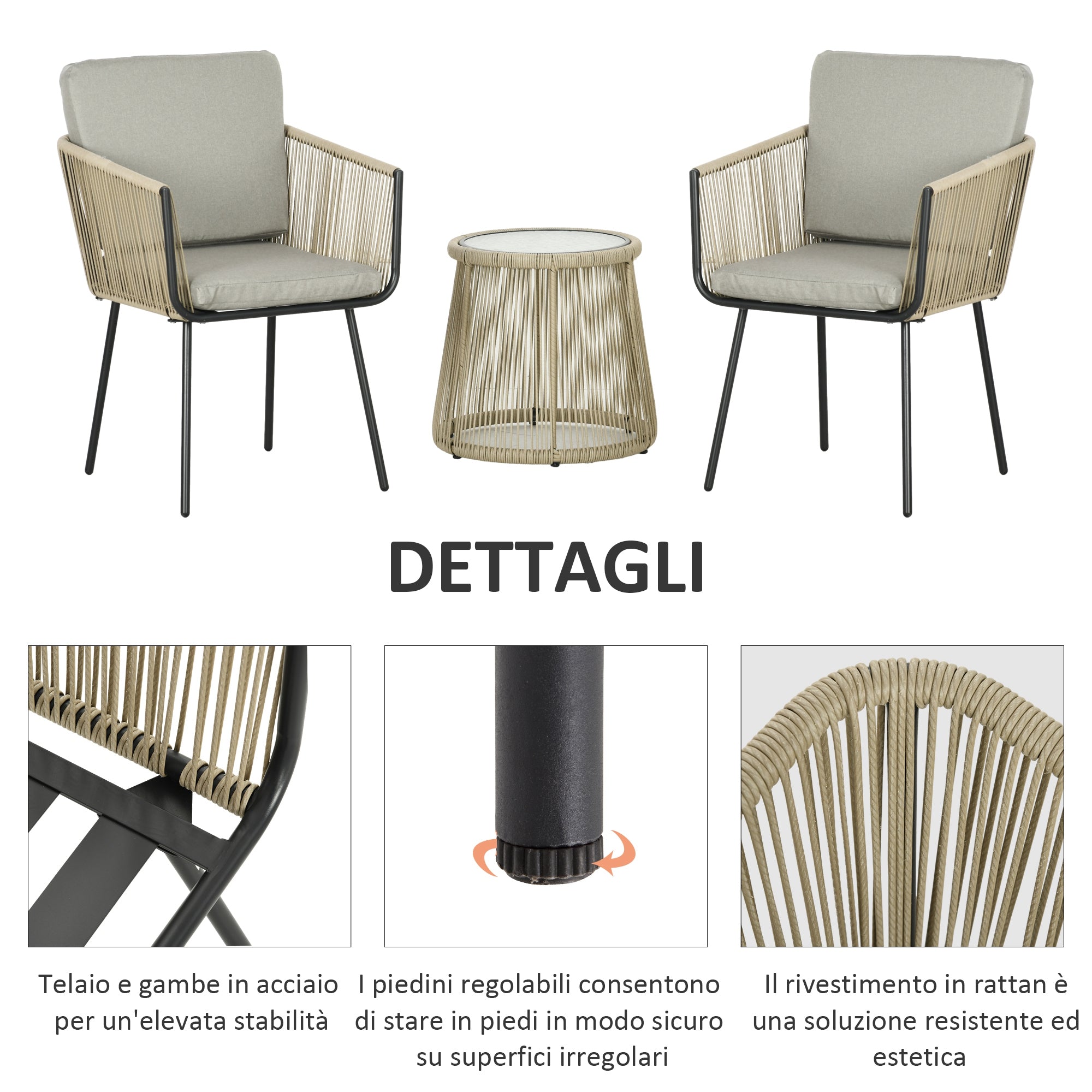 3-Piece PE Rattan and Steel Garden Set, Set of 2 Chairs with Washable Cushions, Armrests, Coffee Table with Glass Top, Balcony Patio Courtyard Furniture Set, Coffee/Light Gray