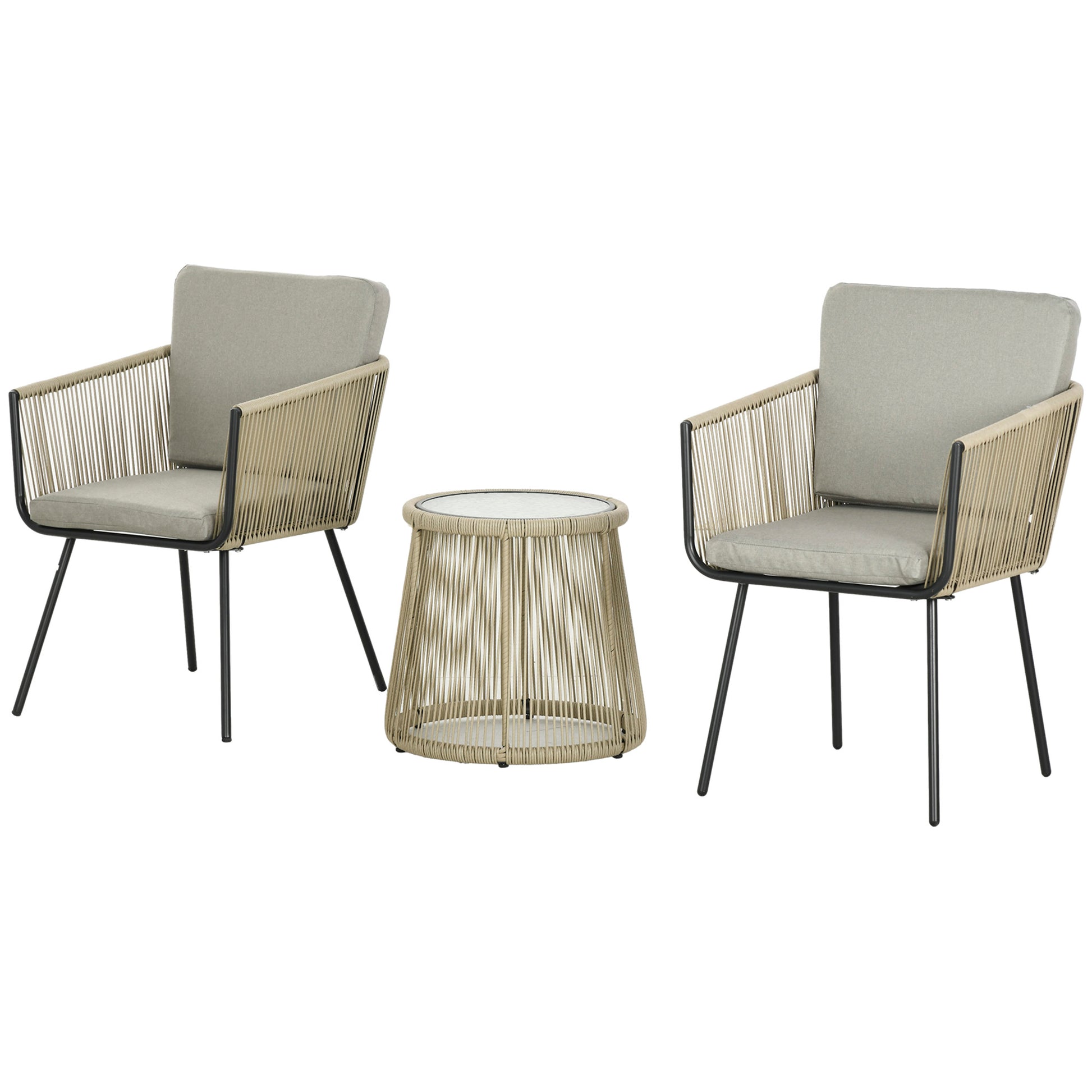 3-Piece PE Rattan and Steel Garden Set, Set of 2 Chairs with Washable Cushions, Armrests, Coffee Table with Glass Top, Balcony Patio Courtyard Furniture Set, Coffee/Light Gray