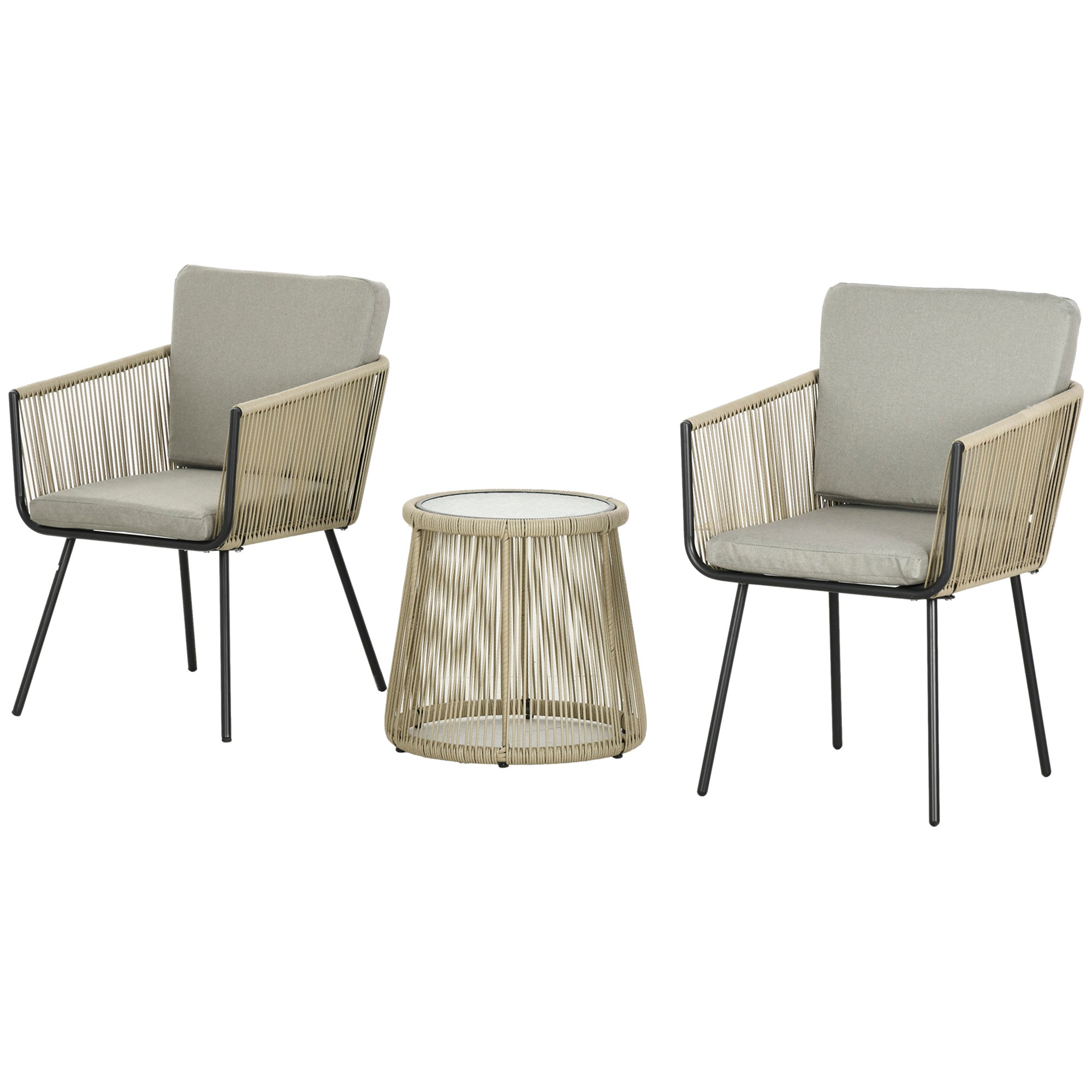 3-Piece PE Rattan and Steel Garden Set, Set of 2 Chairs with Washable Cushions, Armrests, Coffee Table with Glass Top, Balcony Patio Courtyard Furniture Set, Coffee/Light Gray