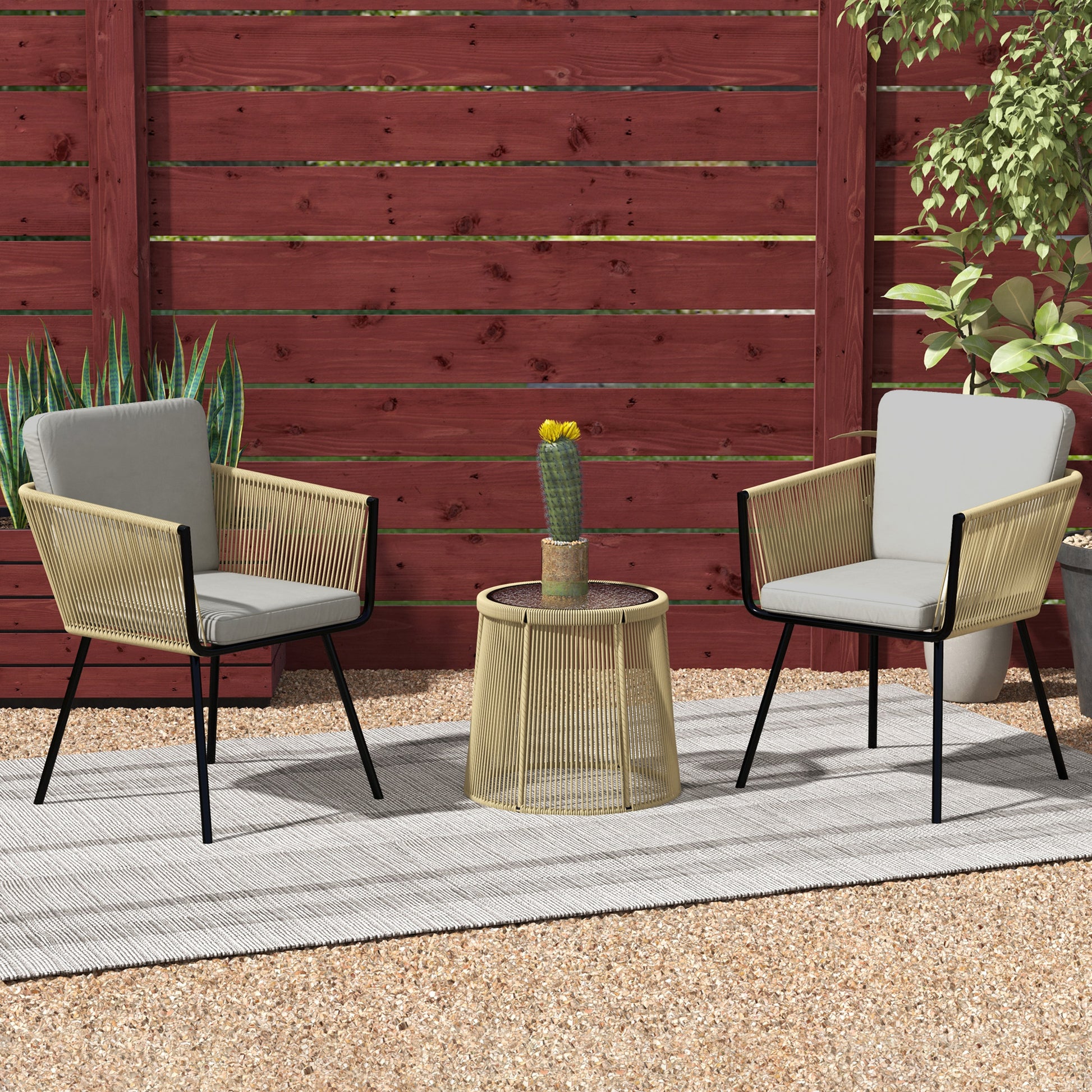 3-Piece PE Rattan and Steel Garden Set, Set of 2 Chairs with Washable Cushions, Armrests, Coffee Table with Glass Top, Balcony Patio Courtyard Furniture Set, Coffee/Light Gray