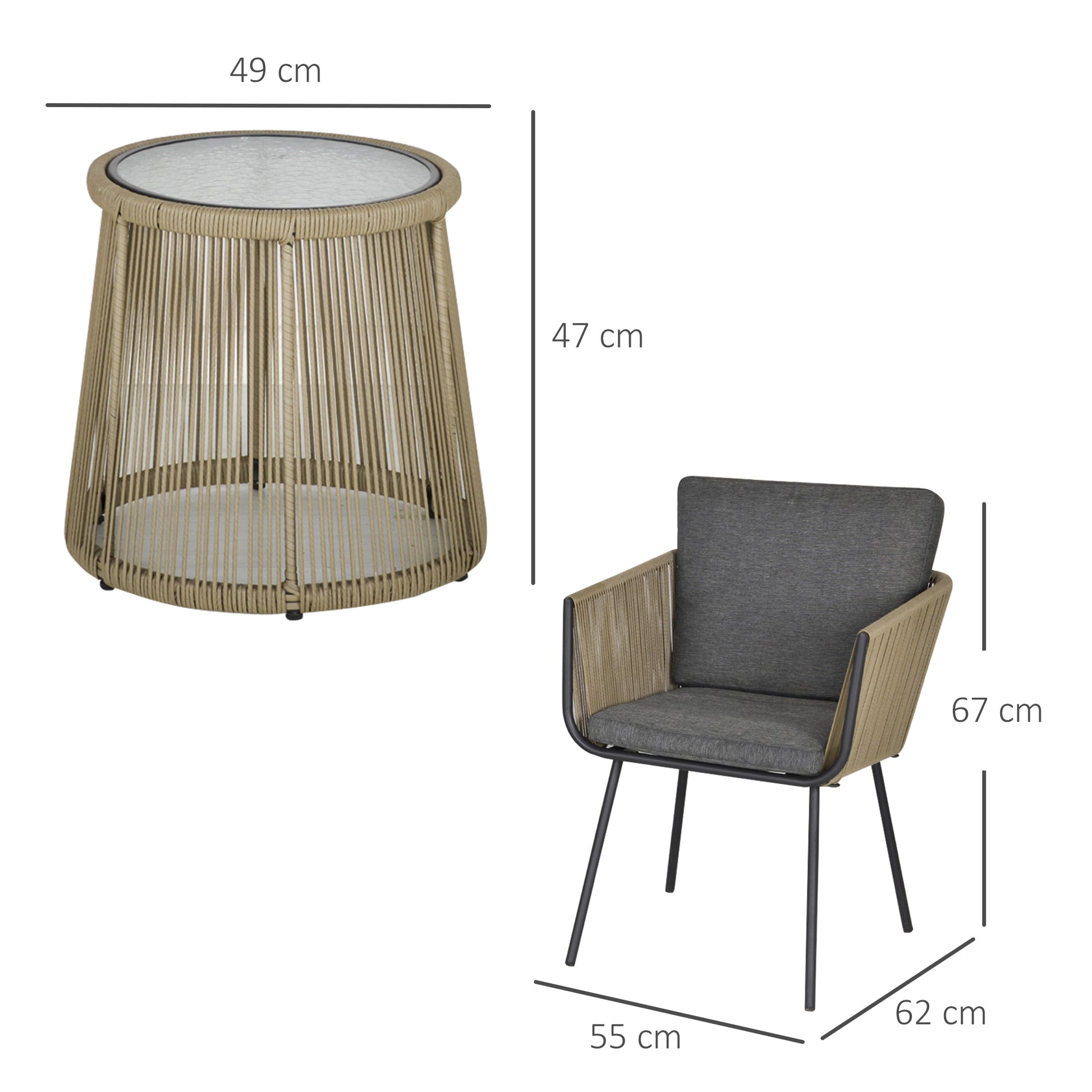 3-Piece PE Rattan and Steel Garden Set, Set of 2 Chairs with Washable Cushions, Armrests, Coffee Table with Glass Top, Balcony Patio Courtyard Furniture Set, Coffee/Light Gray