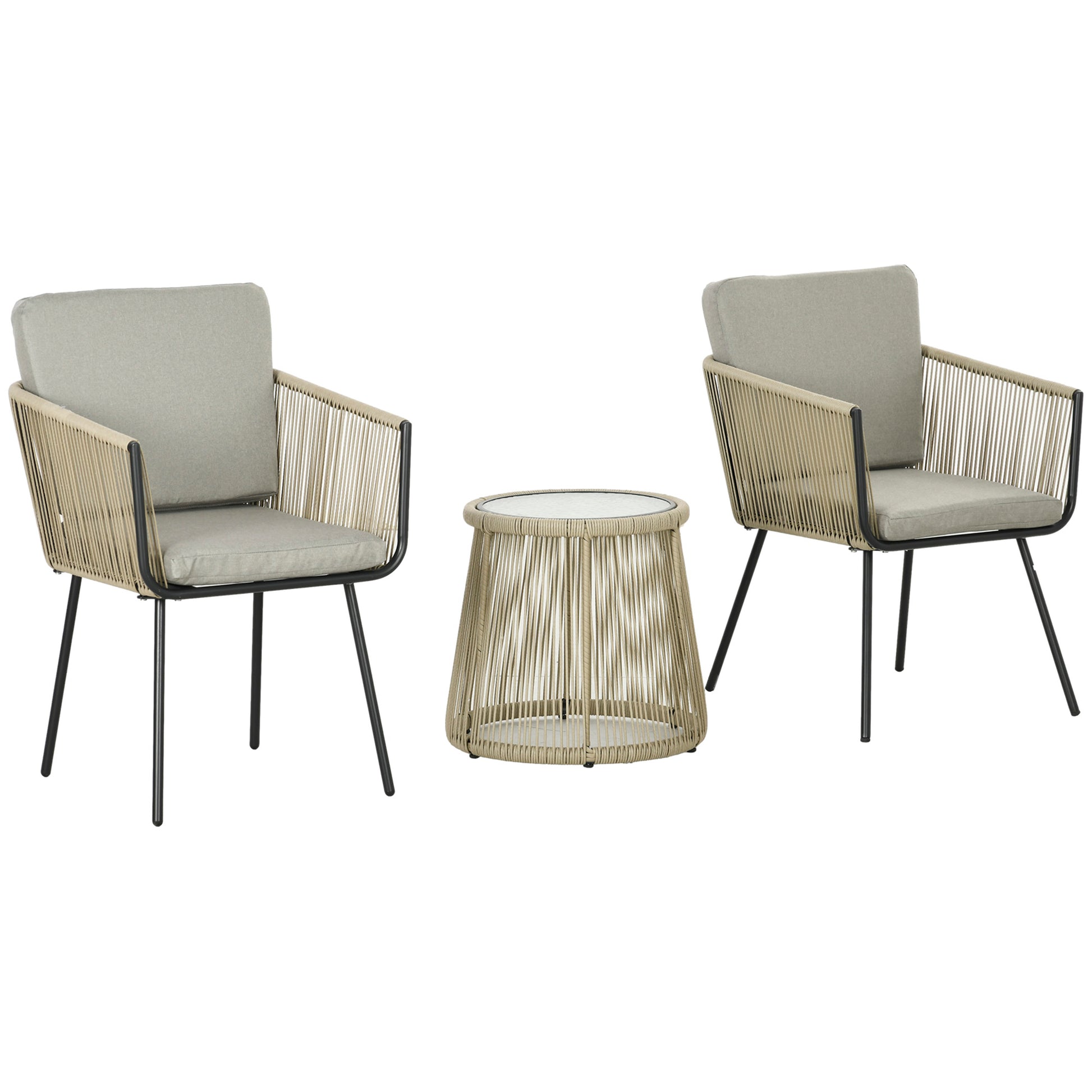 3-Piece PE Rattan and Steel Garden Set, Set of 2 Chairs with Washable Cushions, Armrests, Coffee Table with Glass Top, Balcony Patio Courtyard Furniture Set, Coffee/Light Gray
