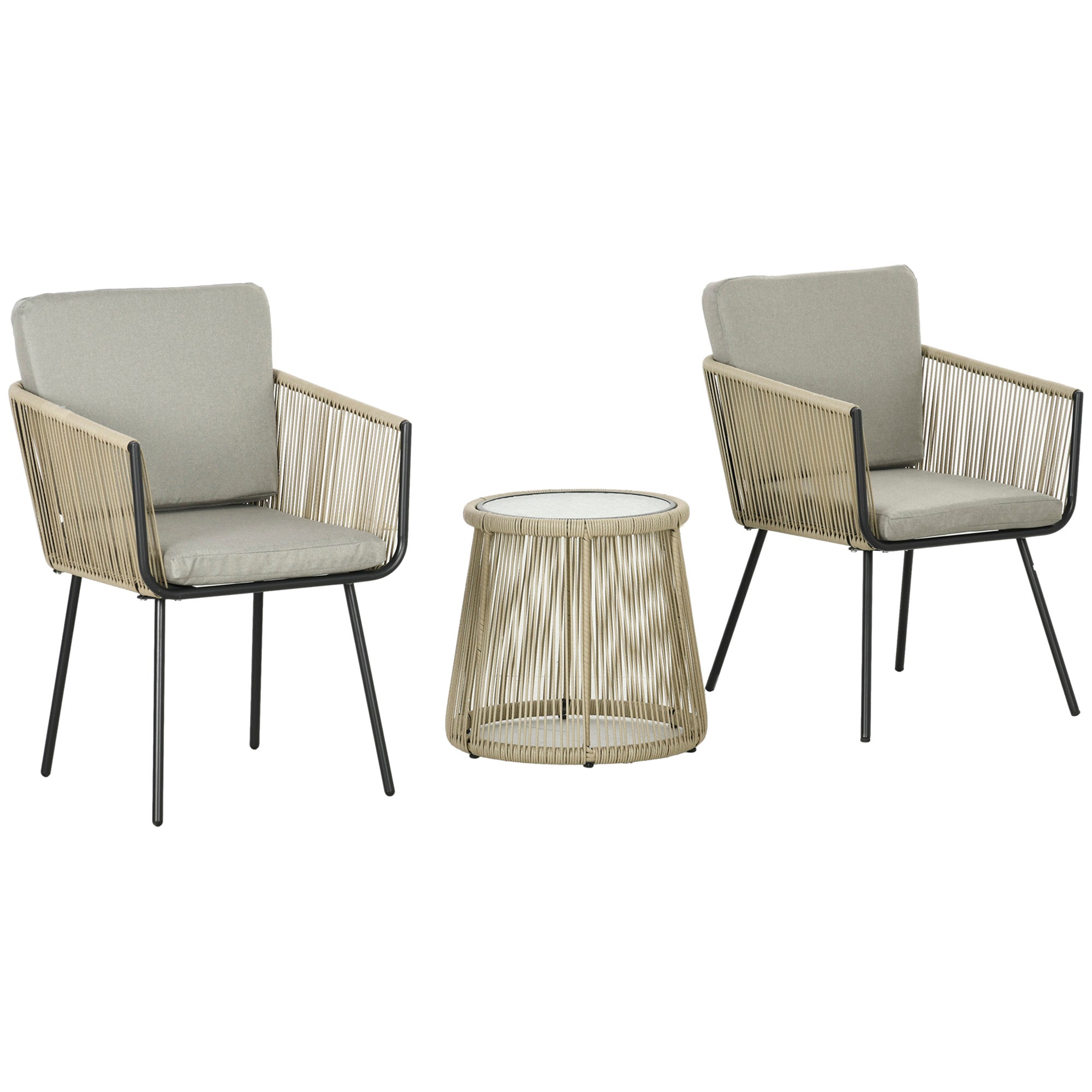 3-Piece PE Rattan and Steel Garden Set, Set of 2 Chairs with Washable Cushions, Armrests, Coffee Table with Glass Top, Balcony Patio Courtyard Furniture Set, Coffee/Light Gray