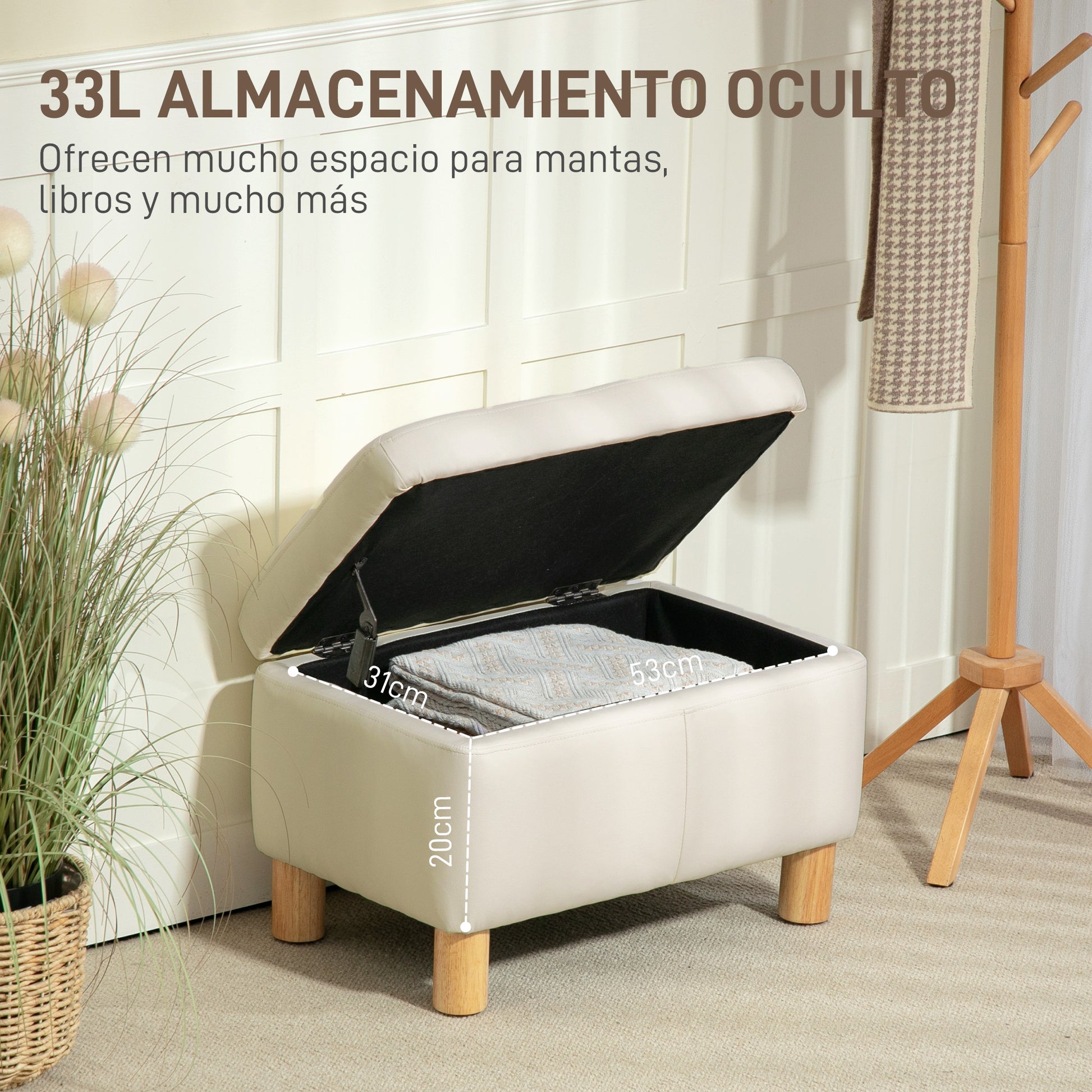 Bedroom Storage Chest 33L Storage Ottoman Upholstered in PU Storage Bench with Wooden Legs for Hallway Living Room 60x38x40 cm Cream