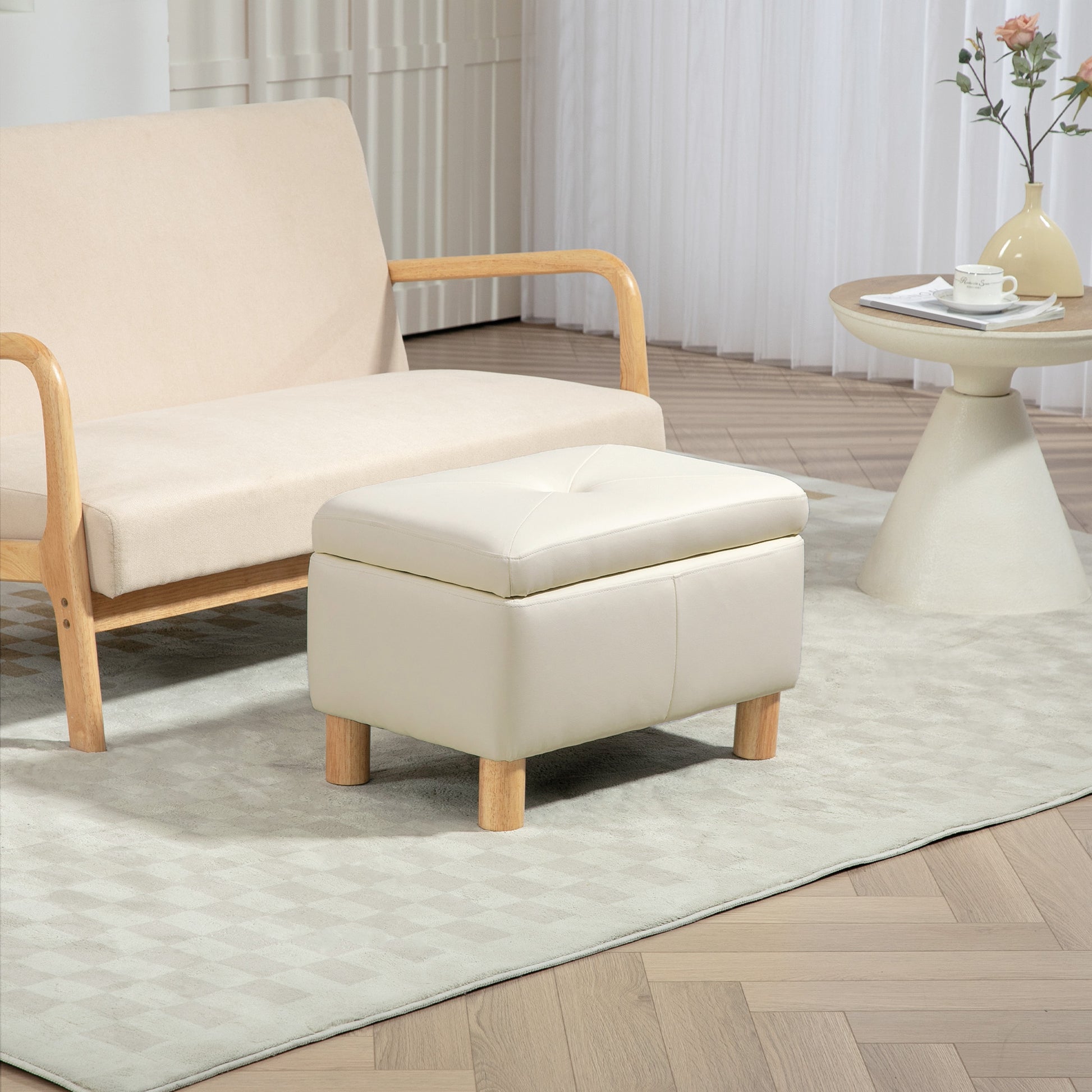 Bedroom Storage Chest 33L Storage Ottoman Upholstered in PU Storage Bench with Wooden Legs for Hallway Living Room 60x38x40 cm Cream