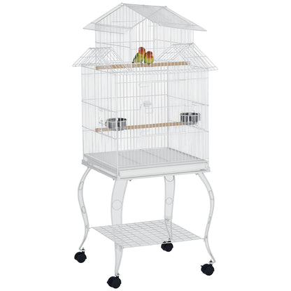 Bird Cage with Wheels Large Cage with Stand Birdhouse with Removable Tray Doors Feeders Perches and Lower Shelf for Cockatiel Budgie Sun Conure 50x49x137 cm White