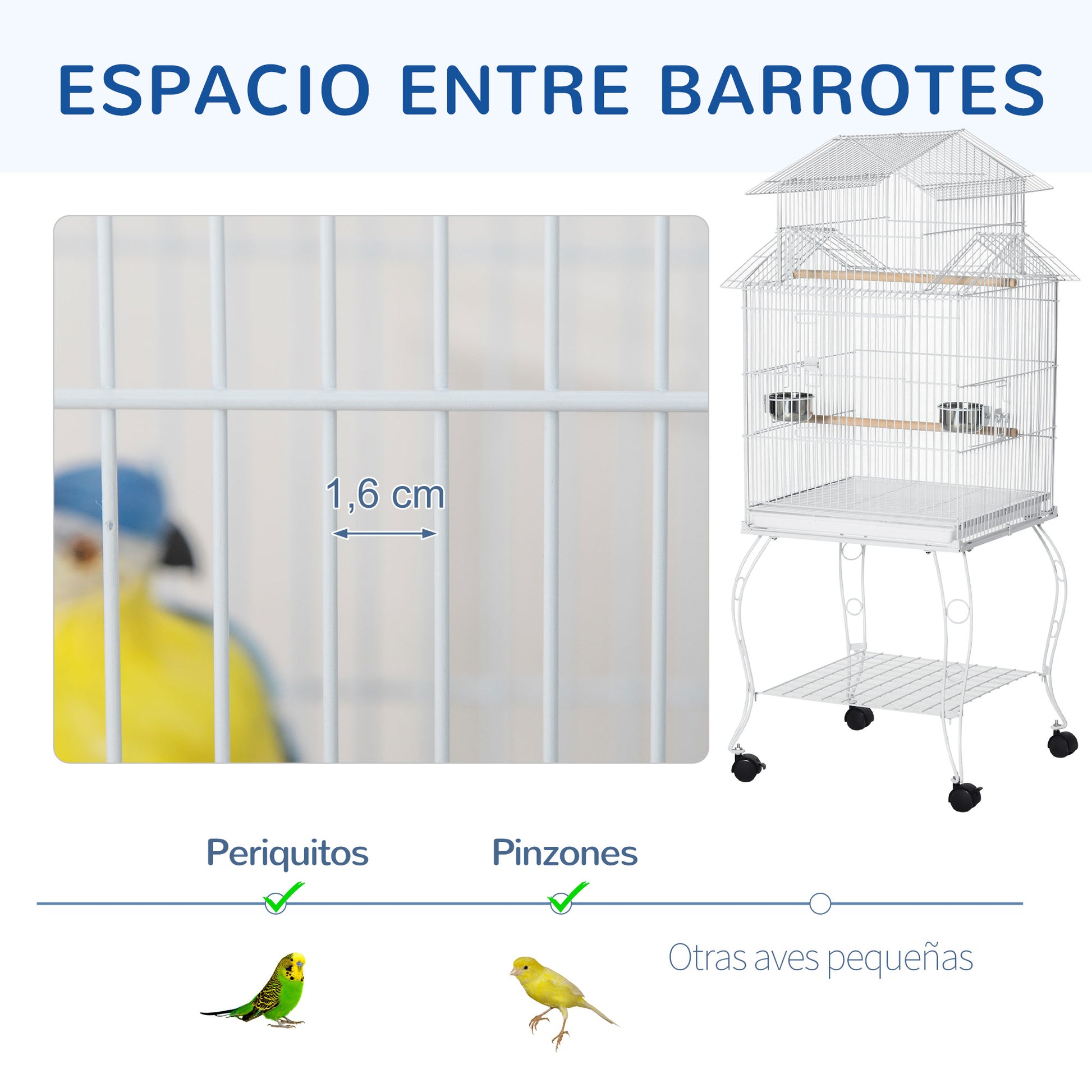 Bird Cage with Wheels Large Cage with Stand Birdhouse with Removable Tray Doors Feeders Perches and Lower Shelf for Cockatiel Budgie Sun Conure 50x49x137 cm White