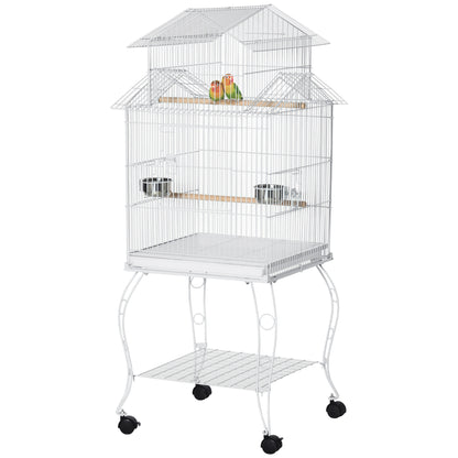 Bird Cage with Wheels Large Cage with Stand Birdhouse with Removable Tray Doors Feeders Perches and Lower Shelf for Cockatiel Budgie Sun Conure 50x49x137 cm White