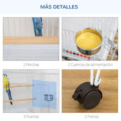 Bird Cage with Wheels Large Cage with Stand Birdhouse with Removable Tray Doors Feeders Perches and Lower Shelf for Cockatiel Budgie Sun Conure 50x49x137 cm White