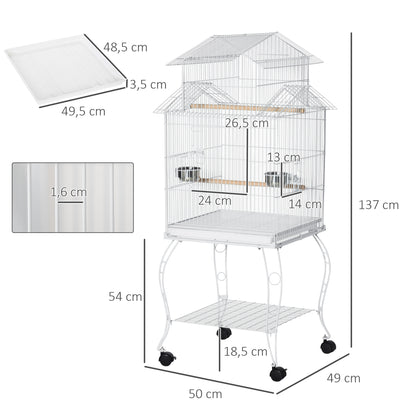 Bird Cage with Wheels Large Cage with Stand Birdhouse with Removable Tray Doors Feeders Perches and Lower Shelf for Cockatiel Budgie Sun Conure 50x49x137 cm White