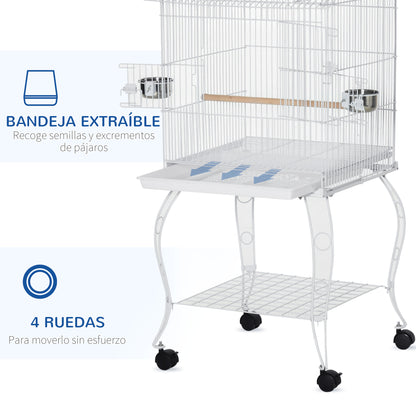 Bird Cage with Wheels Large Cage with Stand Birdhouse with Removable Tray Doors Feeders Perches and Lower Shelf for Cockatiel Budgie Sun Conure 50x49x137 cm White