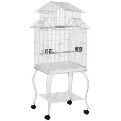 Bird Cage with Wheels Large Cage with Stand Birdhouse with Removable Tray Doors Feeders Perches and Lower Shelf for Cockatiel Budgie Sun Conure 50x49x137 cm White