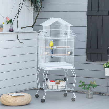 Bird Cage with Wheels Large Cage with Stand Birdhouse with Removable Tray Doors Feeders Perches and Lower Shelf for Cockatiel Budgie Sun Conure 50x49x137 cm White