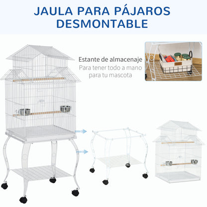 Bird Cage with Wheels Large Cage with Stand Birdhouse with Removable Tray Doors Feeders Perches and Lower Shelf for Cockatiel Budgie Sun Conure 50x49x137 cm White