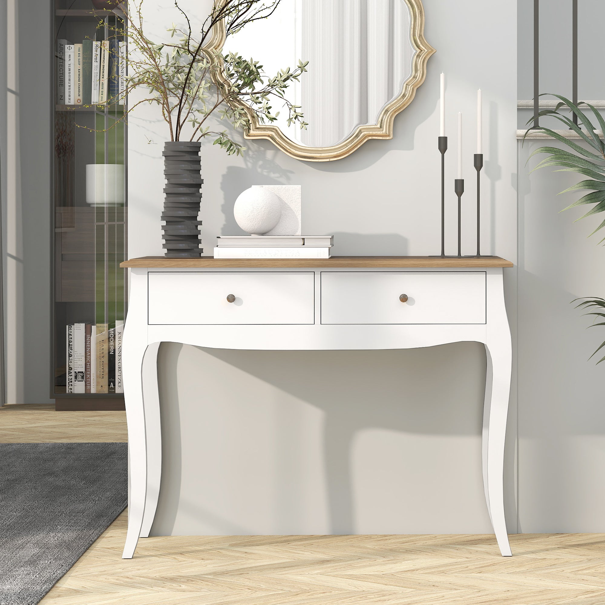 Console Table Entryway Table with 2 Drawers French Style for Hallway Bedroom Living Room 100x35x76.5 cm White and Dark Brown