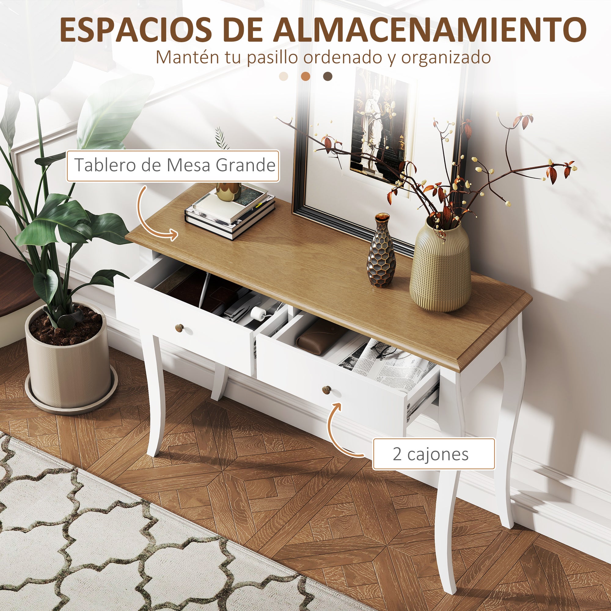 Console Table Entryway Table with 2 Drawers French Style for Hallway Bedroom Living Room 100x35x76.5 cm White and Dark Brown