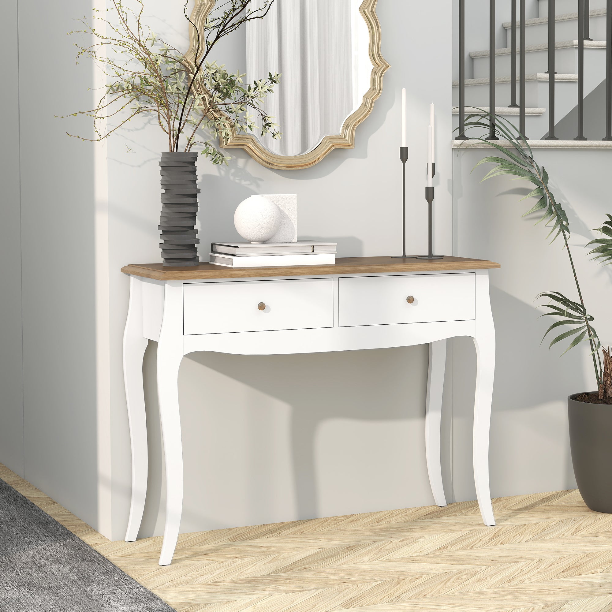 Console Table Entryway Table with 2 Drawers French Style for Hallway Bedroom Living Room 100x35x76.5 cm White and Dark Brown