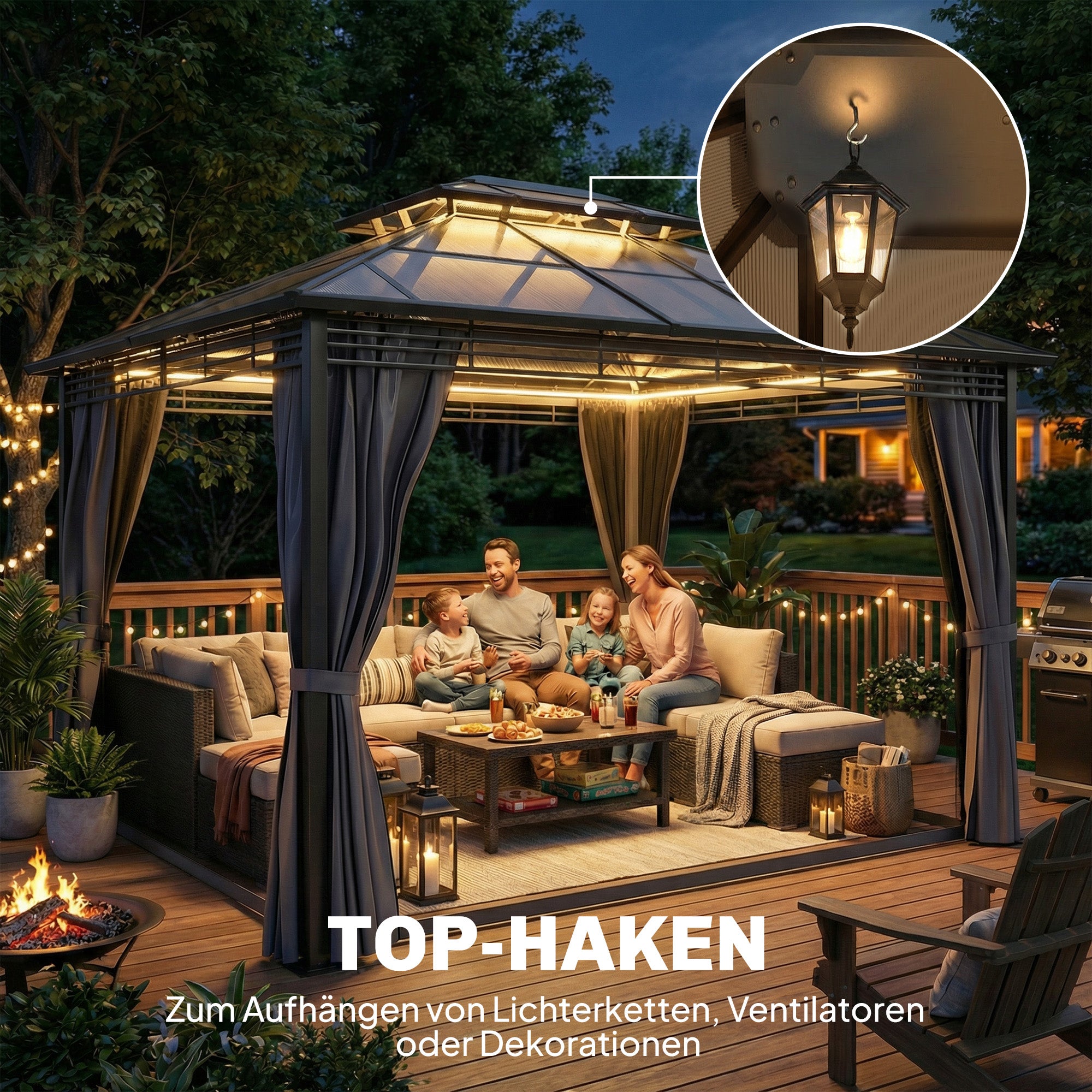Garden Gazebo approx. 3.6 x 3 m – Aluminum Gazebo with 6 mm Double Polycarbonate Roof, Mosquito Net, 4 Side Curtains, Water-Resistant Sturdy Hardtop Pergola, Dark Gray