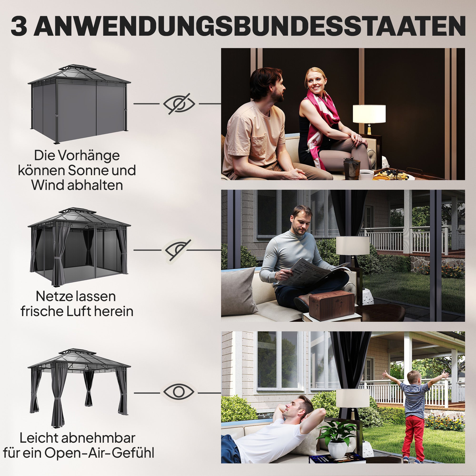 Garden Gazebo approx. 3.6 x 3 m – Aluminum Gazebo with 6 mm Double Polycarbonate Roof, Mosquito Net, 4 Side Curtains, Water-Resistant Sturdy Hardtop Pergola, Dark Gray
