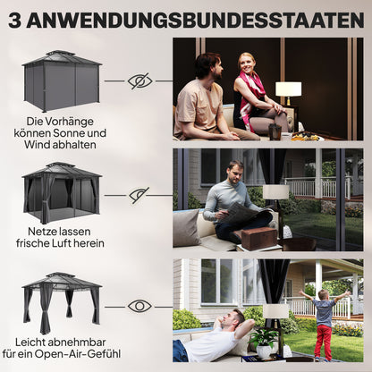 Garden Gazebo approx. 3.6 x 3 m – Aluminum Gazebo with 6 mm Double Polycarbonate Roof, Mosquito Net, 4 Side Curtains, Water-Resistant Sturdy Hardtop Pergola, Dark Gray