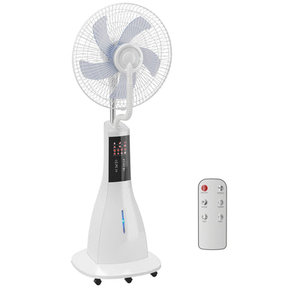 Misting Pedestal Fan, 90W — 75° Oscillation, 3 Speeds, 5-Blade, 3 Modes, 3L Water Tank, 7.5h Timer, Remote Control, 5 Wheels, White