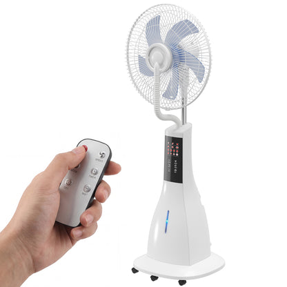 Misting Pedestal Fan, 90W — 75° Oscillation, 3 Speeds, 5-Blade, 3 Modes, 3L Water Tank, 7.5h Timer, Remote Control, 5 Wheels, White