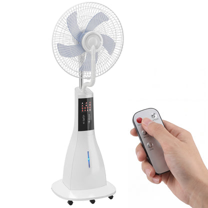 Misting Pedestal Fan, 90W — 75° Oscillation, 3 Speeds, 5-Blade, 3 Modes, 3L Water Tank, 7.5h Timer, Remote Control, 5 Wheels, White