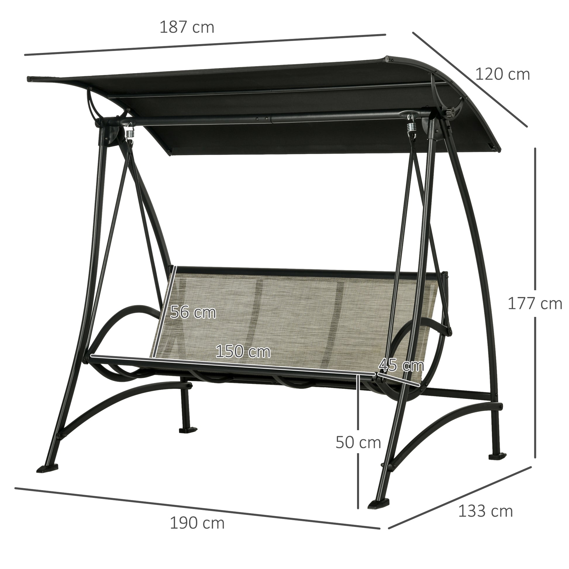 Hollywood Swing Bench 3-Seater, Garden Swing with Adjustable Sunshade, UV Protection, Swing Bench up to 330 kg Capacity, Textilene, for Garden, Terrace, Black