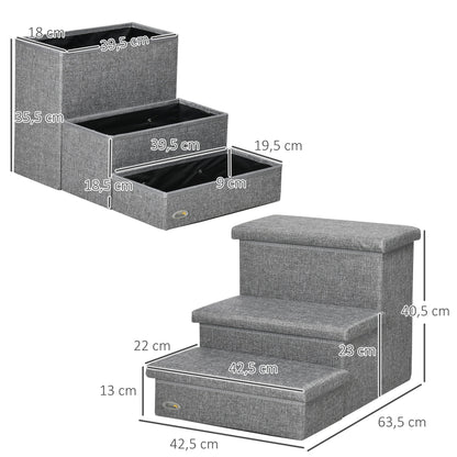 3-Step Pet Stairs for Dogs Cats with Openable Tops and Storage Space 63.5x42.5x40.5 cm Gray
