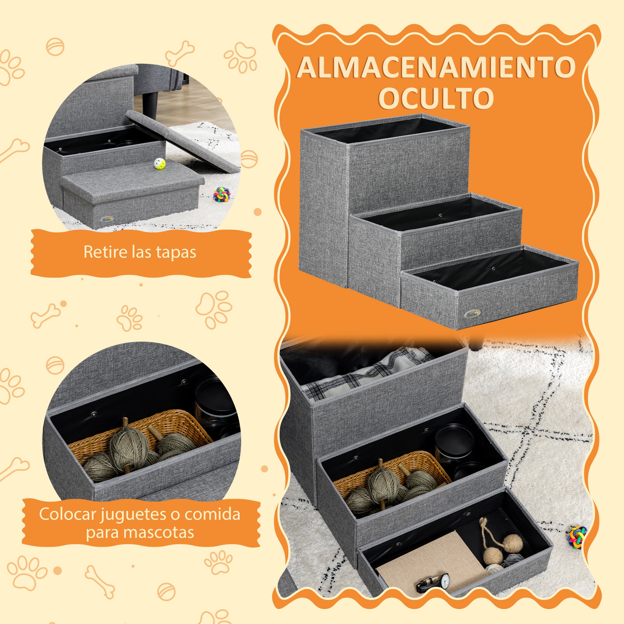 3-Step Pet Stairs for Dogs Cats with Openable Tops and Storage Space 63.5x42.5x40.5 cm Gray