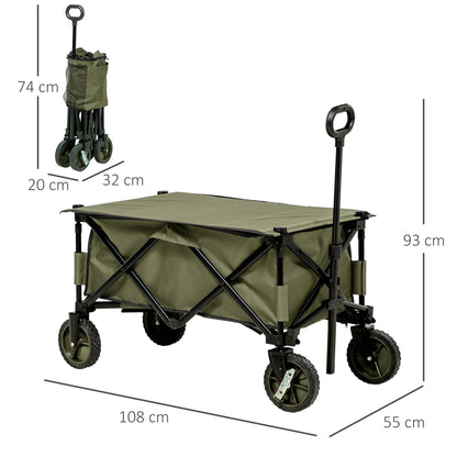 Folding Wagon, Handcart with Wheels, Brakes, Carry Bag, 125L Transport Cart up to 120kg Capacity, XXL Utility Wagon, Garden Cart for Beach Camping Shopping, Green