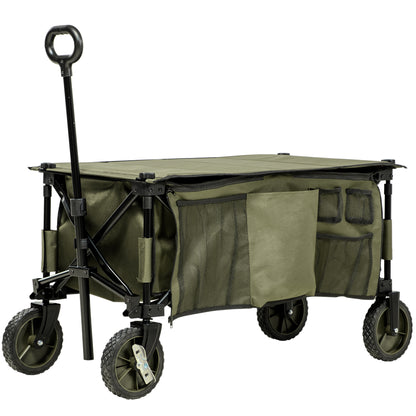 Folding Wagon, Handcart with Wheels, Brakes, Carry Bag, 125L Transport Cart up to 120kg Capacity, XXL Utility Wagon, Garden Cart for Beach Camping Shopping, Green