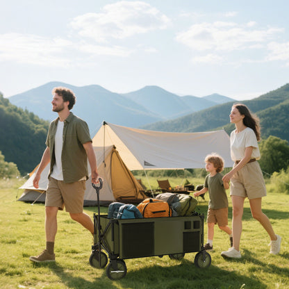 Folding Wagon, Handcart with Wheels, Brakes, Carry Bag, 125L Transport Cart up to 120kg Capacity, XXL Utility Wagon, Garden Cart for Beach Camping Shopping, Green