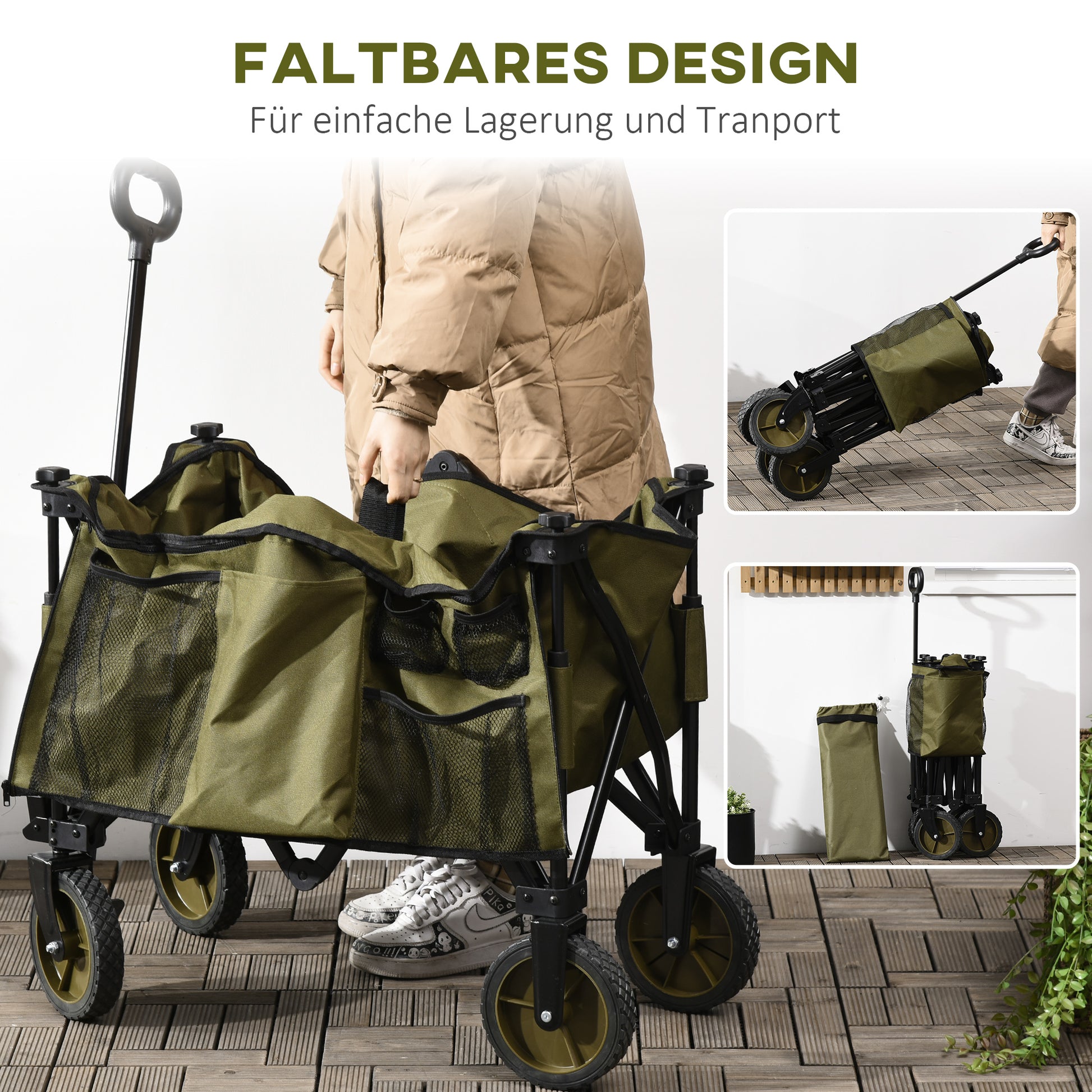 Folding Wagon, Handcart with Wheels, Brakes, Carry Bag, 125L Transport Cart up to 120kg Capacity, XXL Utility Wagon, Garden Cart for Beach Camping Shopping, Green