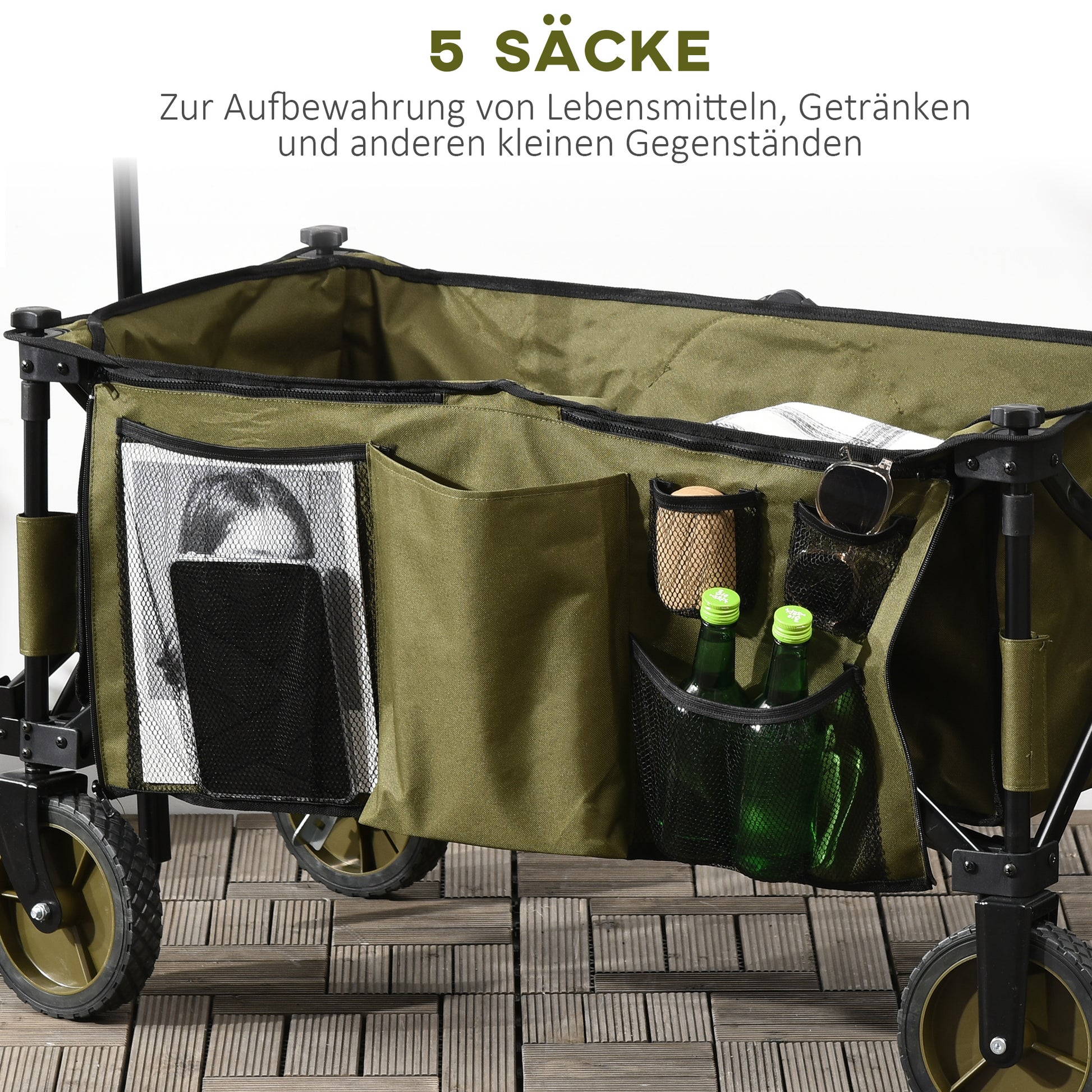 Folding Wagon, Handcart with Wheels, Brakes, Carry Bag, 125L Transport Cart up to 120kg Capacity, XXL Utility Wagon, Garden Cart for Beach Camping Shopping, Green