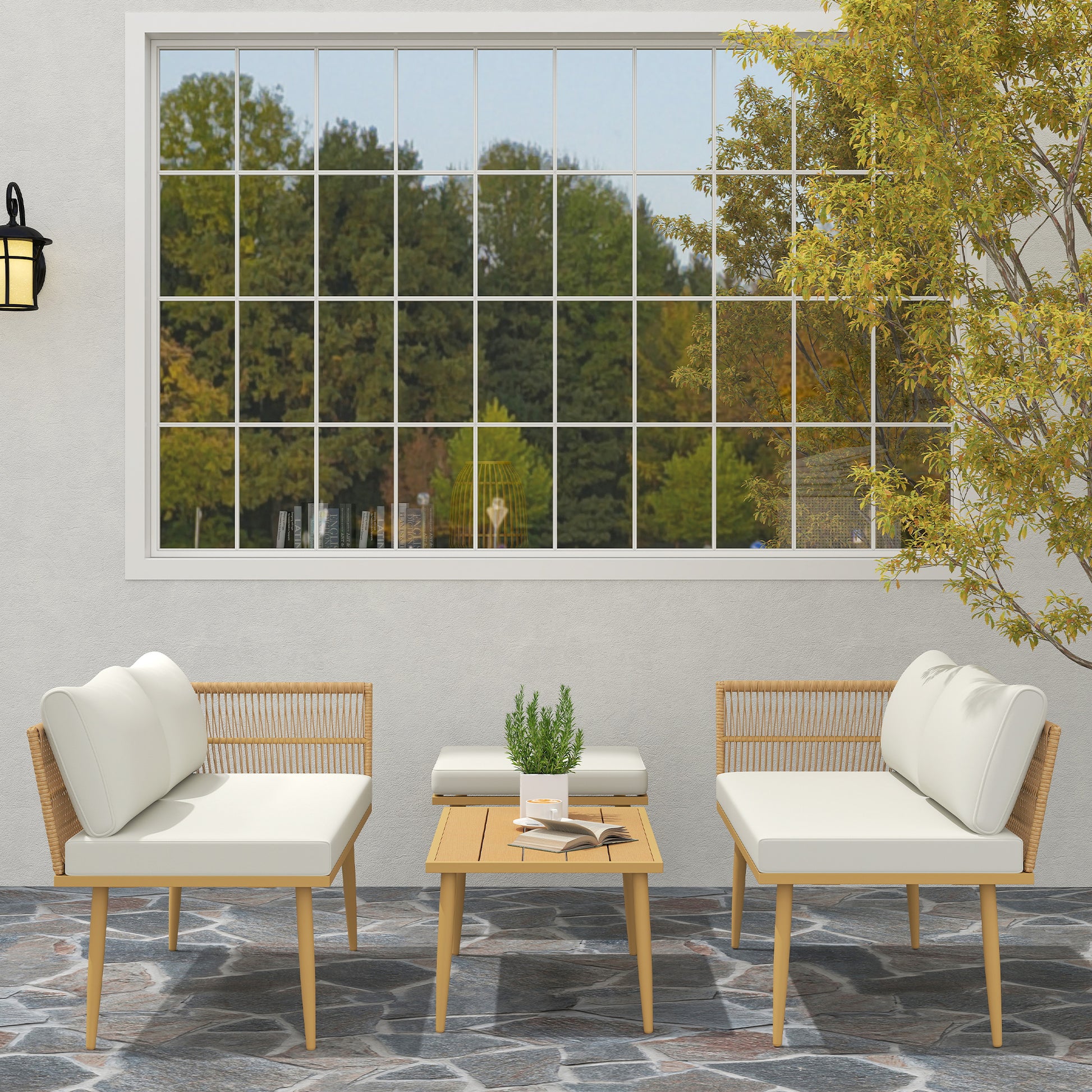 4-Piece Outdoor Synthetic Rattan Garden Set Garden Furniture Corner Sofa Includes 2 Two-seater Sofas 1 Footstool 1 Coffee Table with Natural Cushions