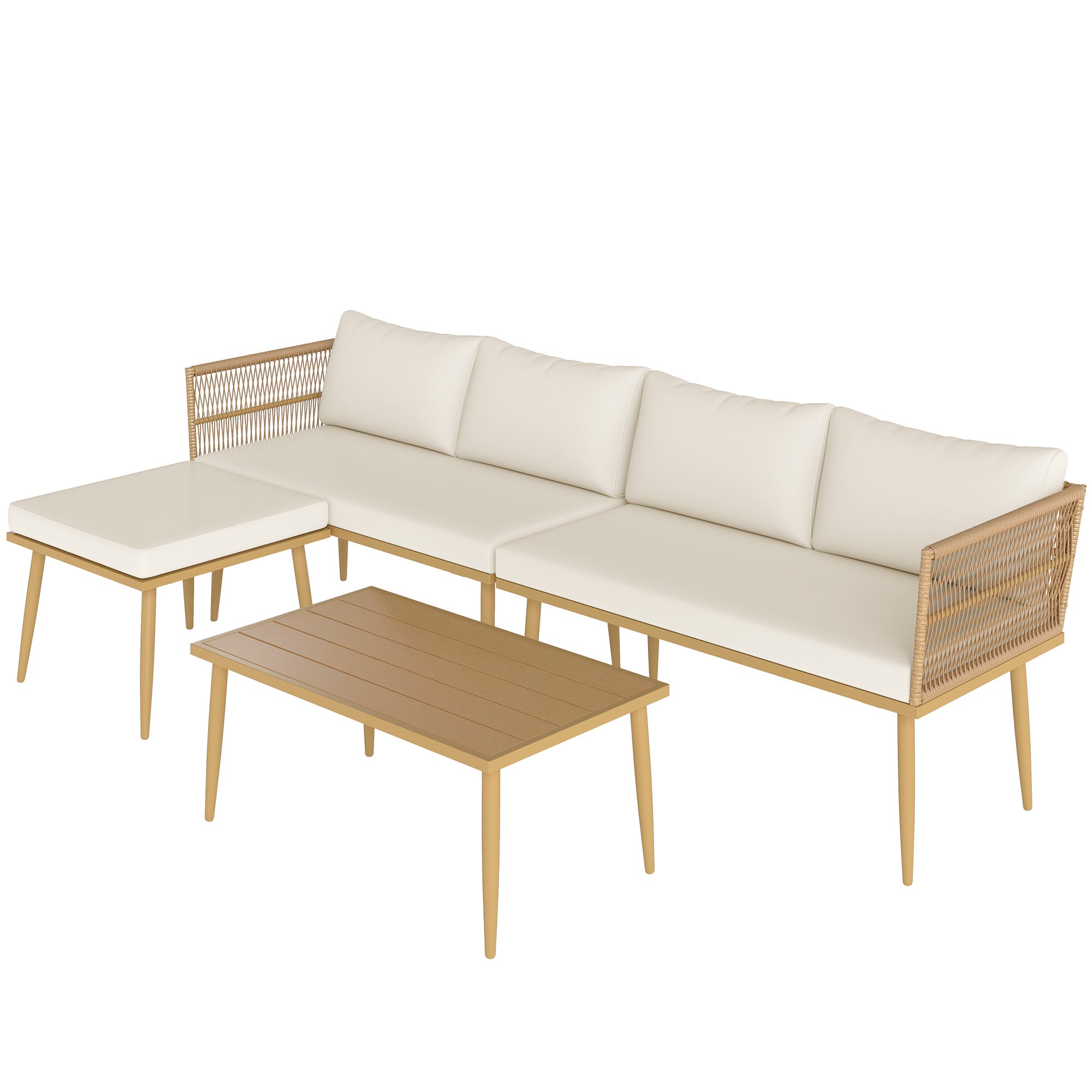 4-Piece Outdoor Synthetic Rattan Garden Set Garden Furniture Corner Sofa Includes 2 Two-seater Sofas 1 Footstool 1 Coffee Table with Natural Cushions