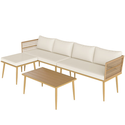 4-Piece Outdoor Synthetic Rattan Garden Set Garden Furniture Corner Sofa Includes 2 Two-seater Sofas 1 Footstool 1 Coffee Table with Natural Cushions