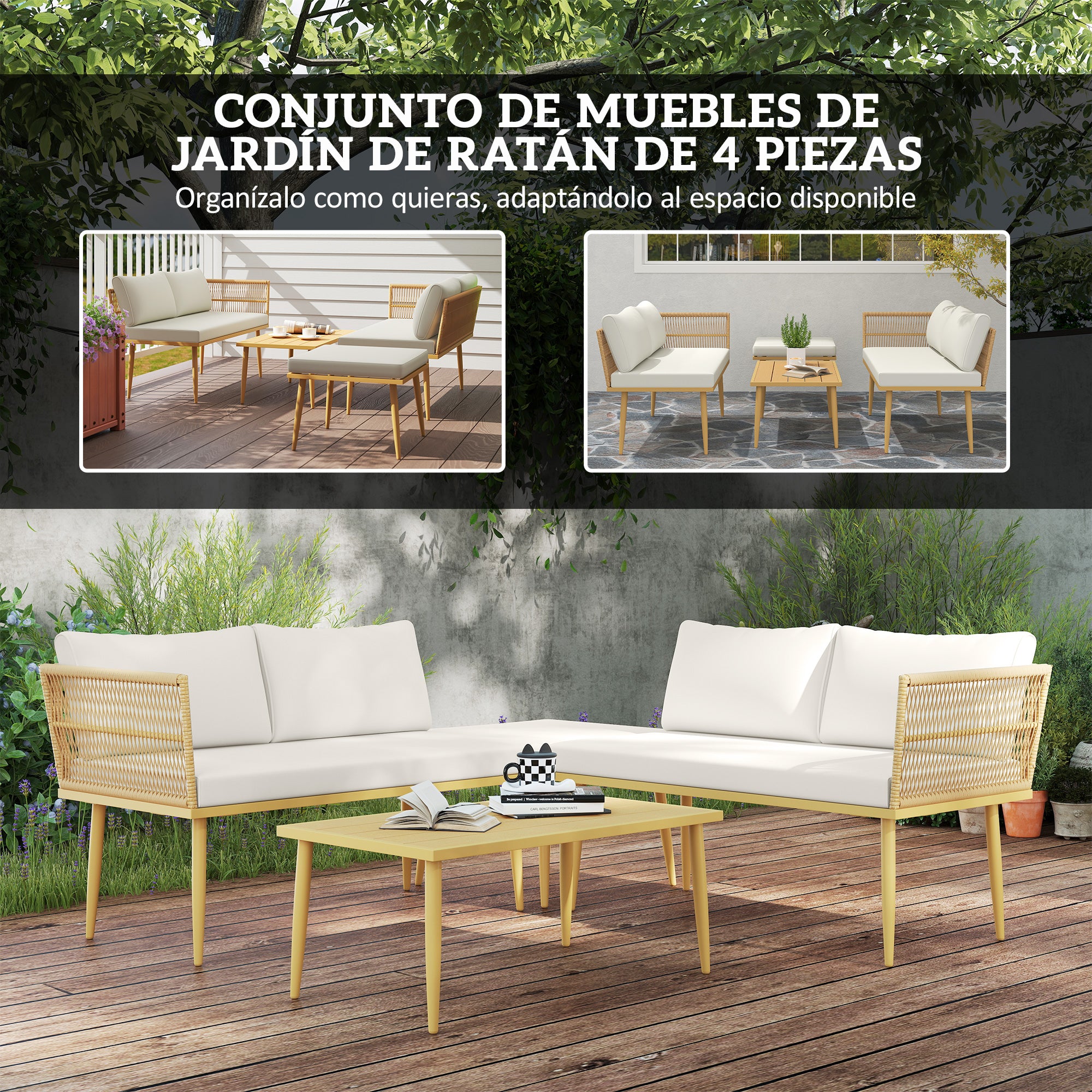 4-Piece Outdoor Synthetic Rattan Garden Set Garden Furniture Corner Sofa Includes 2 Two-seater Sofas 1 Footstool 1 Coffee Table with Natural Cushions