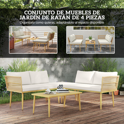 4-Piece Outdoor Synthetic Rattan Garden Set Garden Furniture Corner Sofa Includes 2 Two-seater Sofas 1 Footstool 1 Coffee Table with Natural Cushions